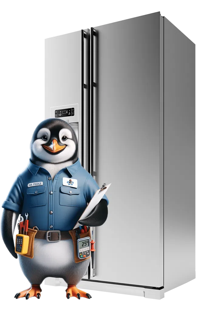 Mr. Fridge mascot, a penguin, holding a clipboard and standing in front of a residential refrigerator, representing expert residential fridge repair services in Seattle, WA.