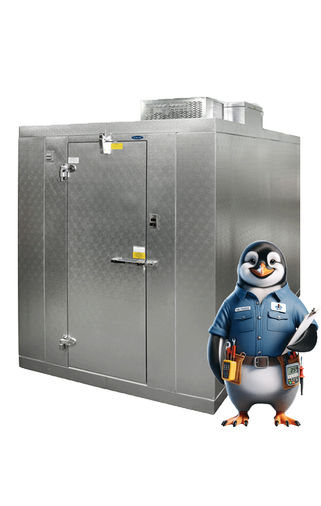 Mr. Fridge standing next to a walk-in cooler, demonstrating professional walk-in cooler repair services in the Greater Seattle Area.