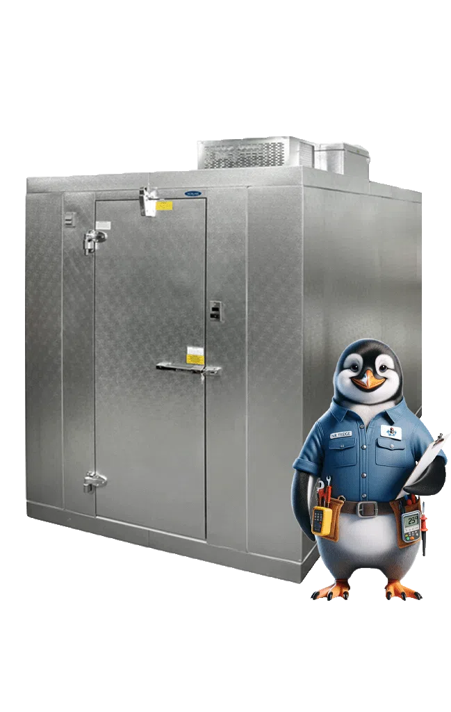 Mr. Fridge standing next to a walk-in cooler, demonstrating professional walk-in cooler repair services in the Greater Seattle Area.
